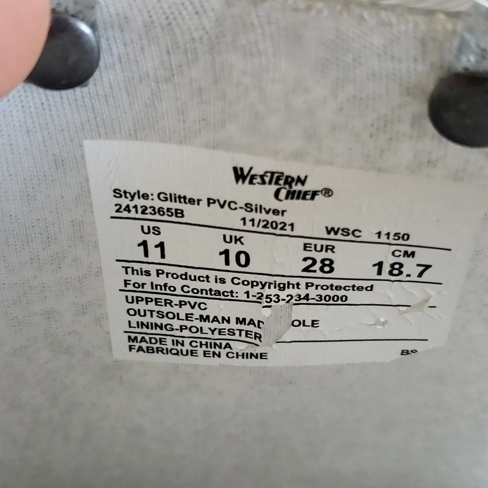 Western Chief Silver Glitter Rubber Youth Rain Boots Size 11